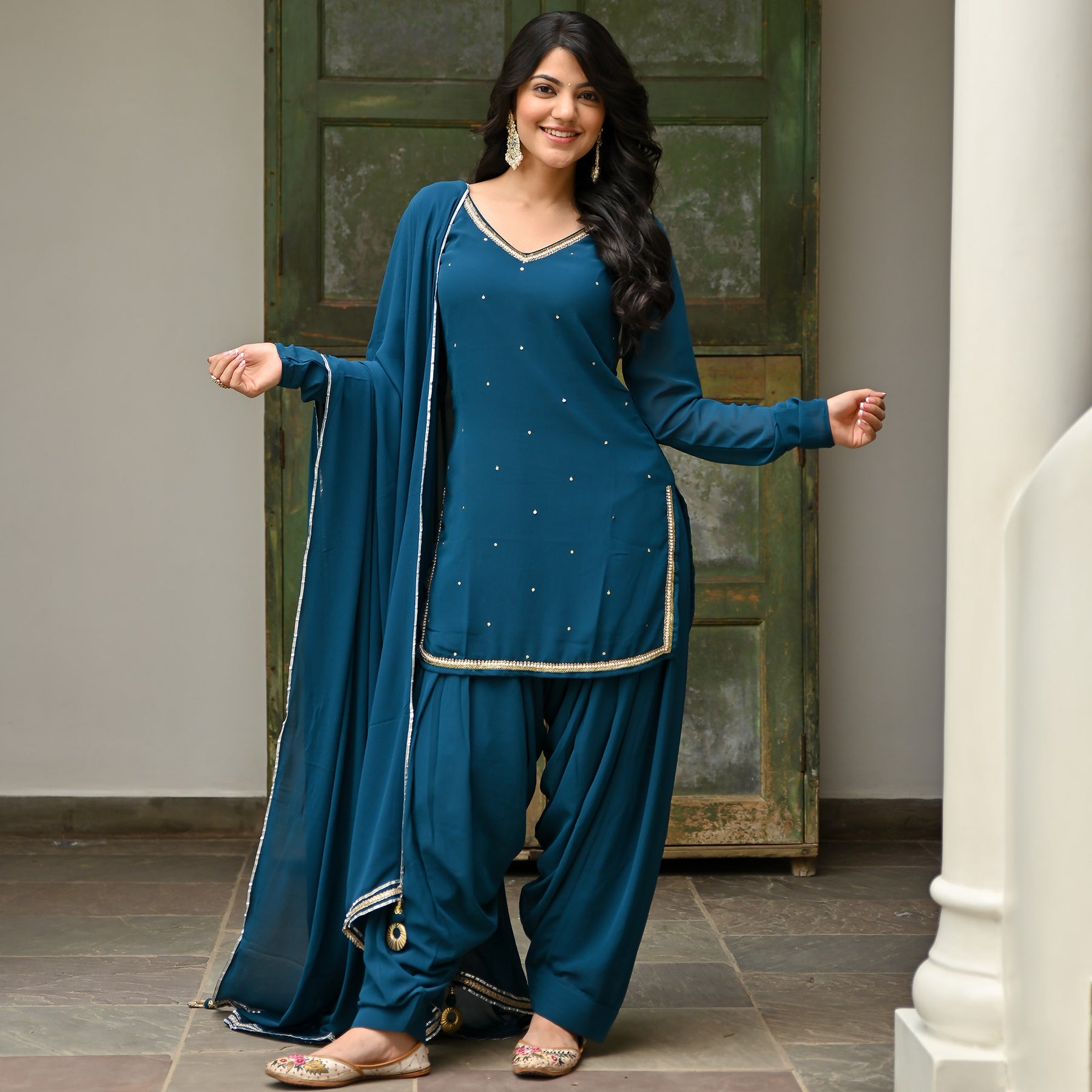 Blue Color faux Georgette With Mirror Work Patiyala Salwar Suit – Joshindia